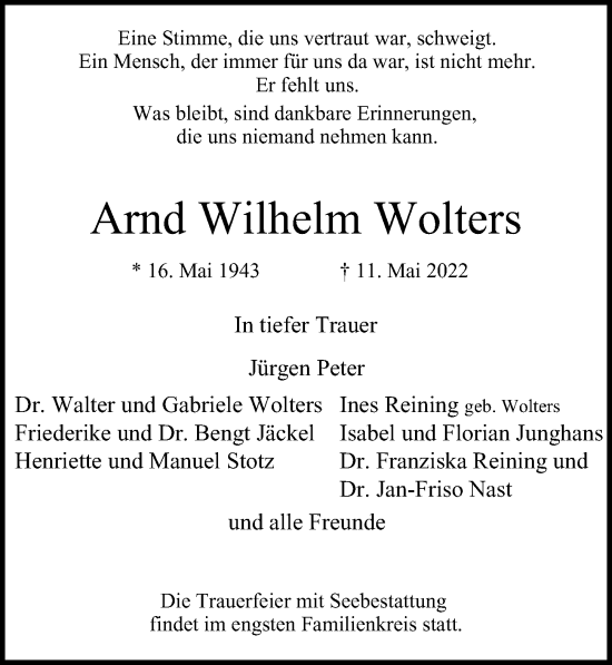Traueranzeige von Arnd Wilhelm Wolters von Hamburger Abendblatt