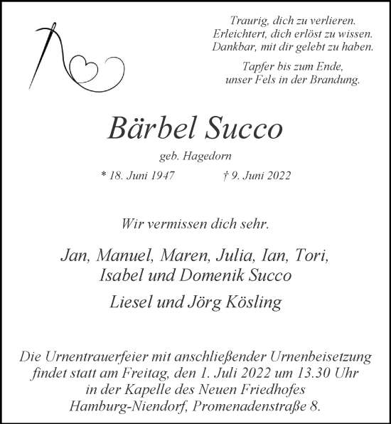 Traueranzeige von Bärbel Succo von Niendorfer Wochenblatt