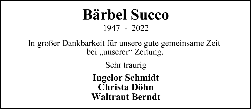 Traueranzeige für Bärbel Succo vom 18.06.2022 aus Niendorfer Wochenblatt