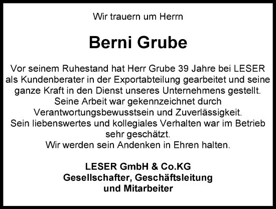 Traueranzeige von Berni Grube von Hamburger Abendblatt