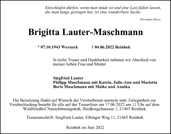 Traueranzeige von Brigitta Lauter-Maschmann von Bergedorfer Zeitung