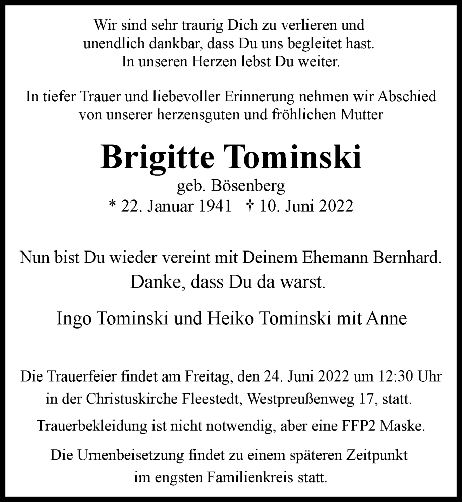  Traueranzeige für Brigitte Tominski vom 22.06.2022 aus Hamburger Abendblatt
