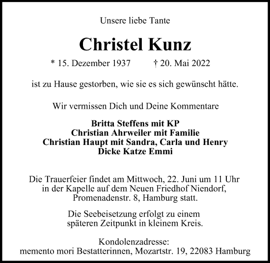 Traueranzeige von Christel Kunz von Niendorfer Wochenblatt