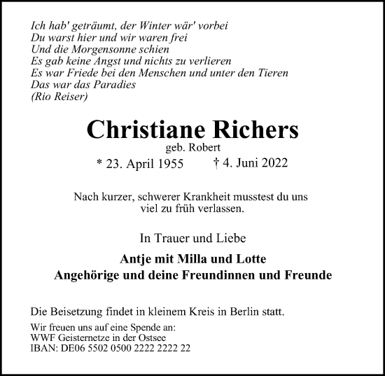 Traueranzeige von Christiane Richers von Hamburger Abendblatt
