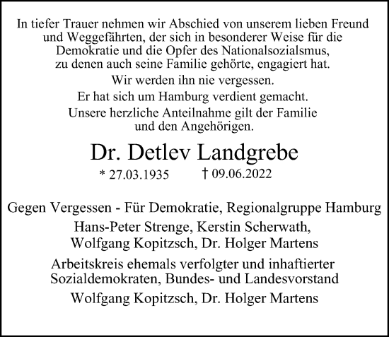 Traueranzeige von Dr. Hans Detlev Ludwig Landgrebe von Hamburger Abendblatt