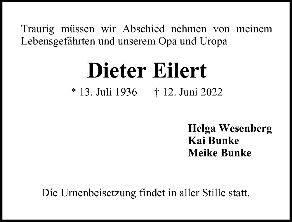  Traueranzeige für Dieter Eilert vom 18.06.2022 aus Bille Wochenblatt, Bergedorfer Zeitung