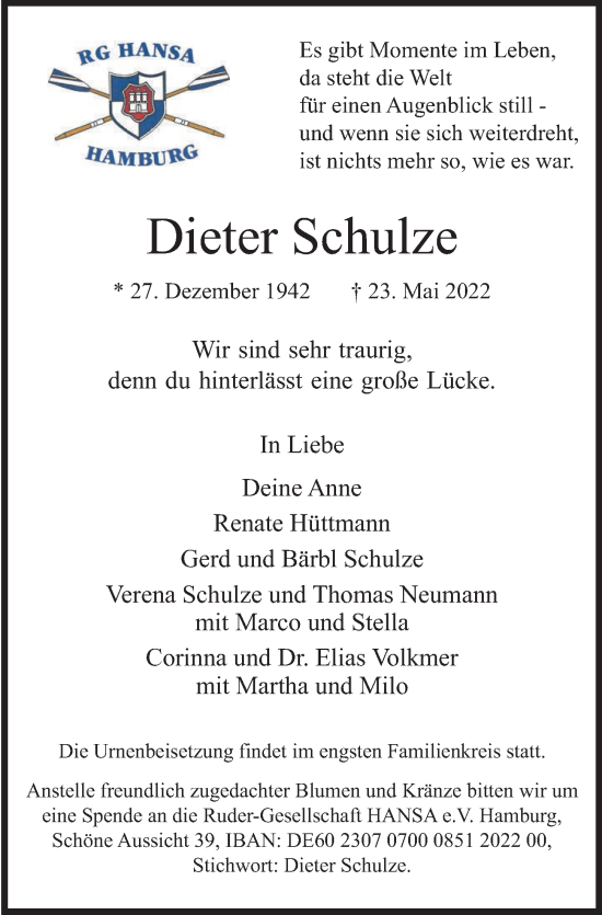 Traueranzeige von Dieter Schulze von Hamburger Abendblatt