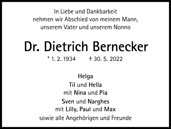 Traueranzeige von Dietrich Bernecker von Hamburger Abendblatt