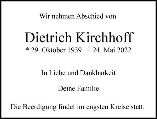 Traueranzeige von Dietrich Kirchhoff von Hamburger Abendblatt