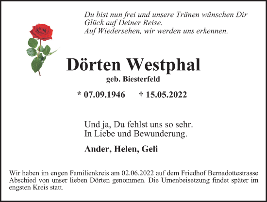 Traueranzeige von Dörten Westphal von Hamburger Abendblatt