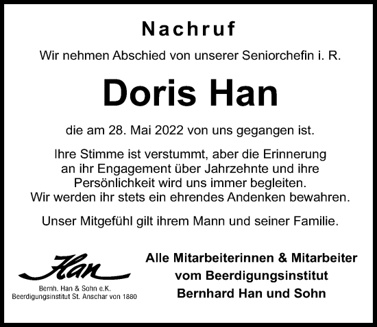 Traueranzeige von Doris Han von Hamburger Abendblatt