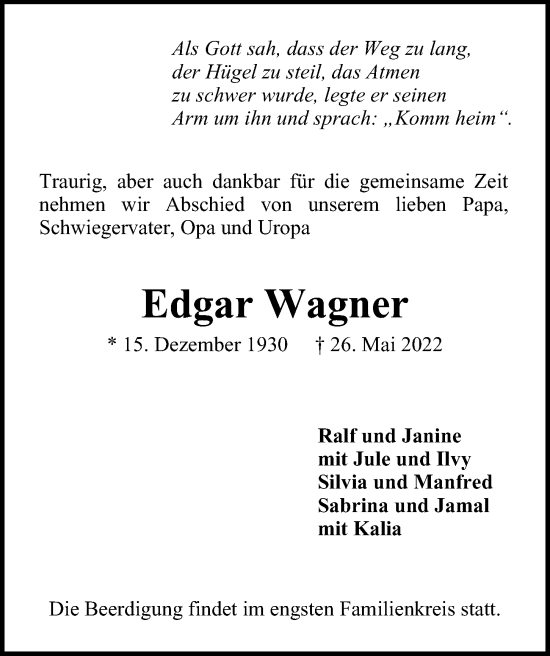 Traueranzeige von Edgar Wagner von Glinder Zeitung