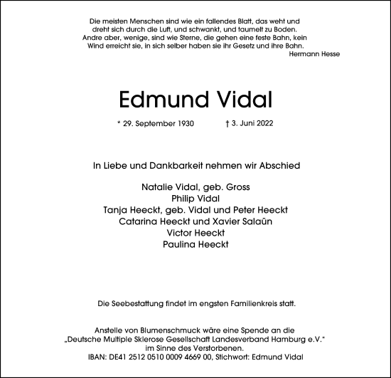 Traueranzeige von Edmund Vidal von Hamburger Abendblatt