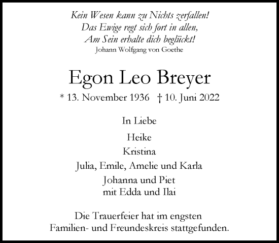 Traueranzeige von Egon Leo Breyer von Hamburger Abendblatt