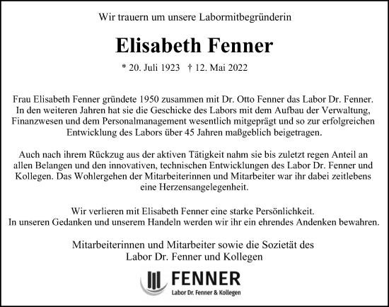 Traueranzeige von Elisabeth Fenner von Hamburger Abendblatt