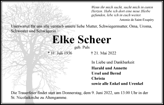 Traueranzeige von Elke Scheer von Bille Wochenblatt