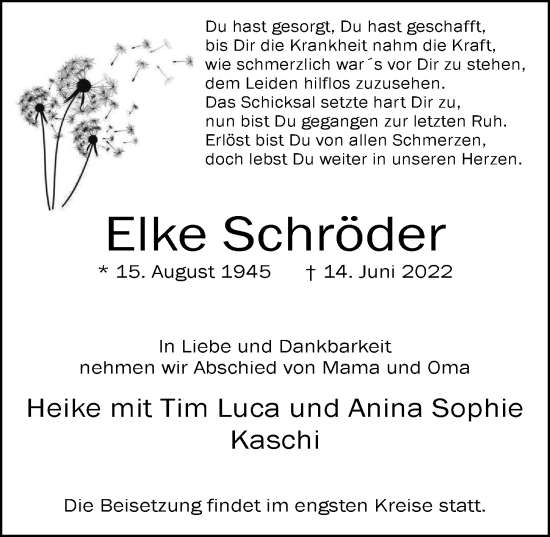 Traueranzeige von Elke Schröder von Hamburger Abendblatt