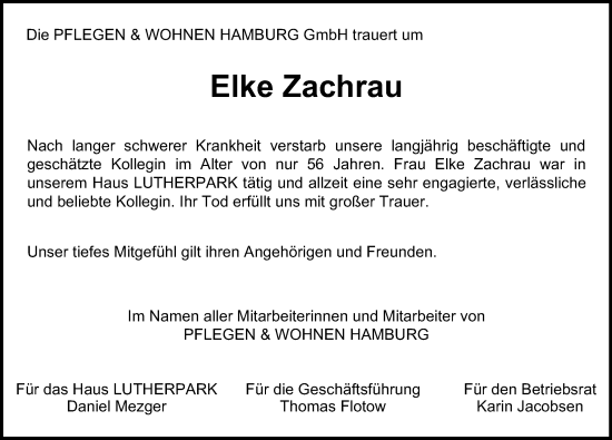 Traueranzeige von Elke Zachrau von Hamburger Abendblatt