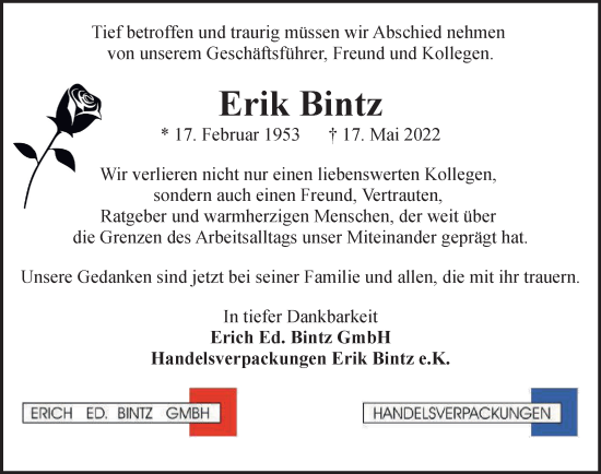 Traueranzeige von Erik Bintz von Hamburger Abendblatt