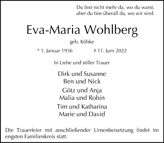 Traueranzeige von Eva-Maria Wohlberg von Hamburger Abendblatt
