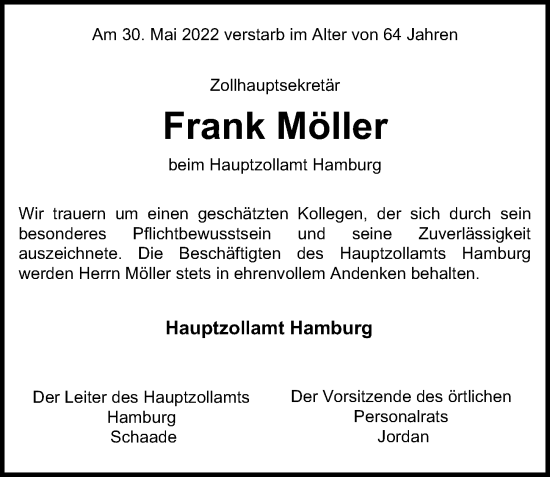 Traueranzeige von Frank Möller von Hamburger Abendblatt