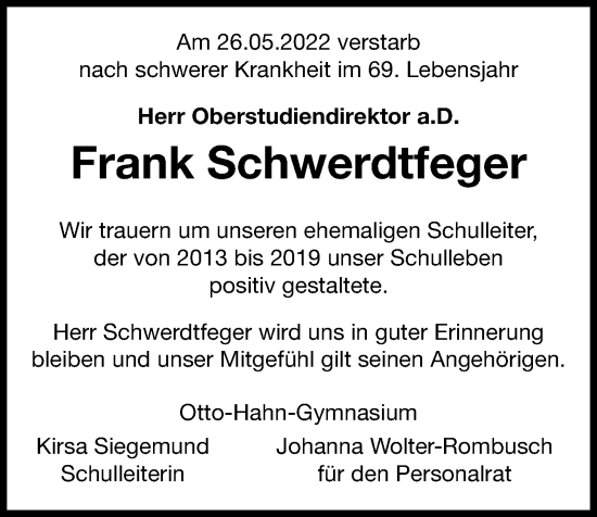 Traueranzeige von Frank Schwerdtfeger von Bergedorfer Zeitung