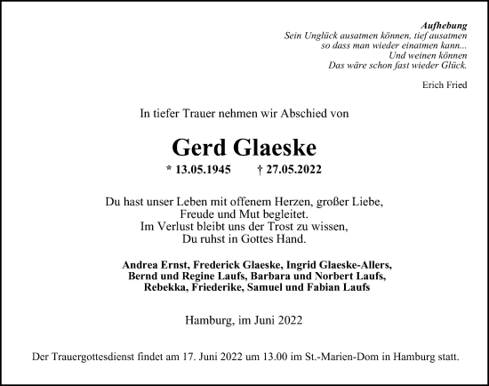 Traueranzeige von Gerd Glaeske von Hamburger Abendblatt