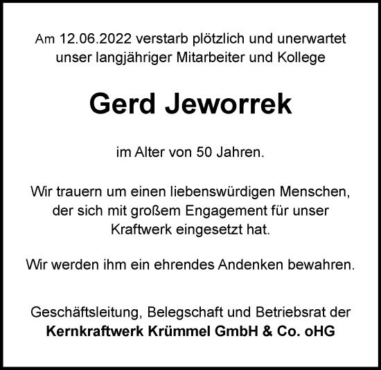 Traueranzeige von Gerd Jeworrek von Bergedorfer Zeitung
