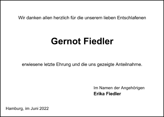 Traueranzeige von Gernot Fiedler von Hamburger Abendblatt