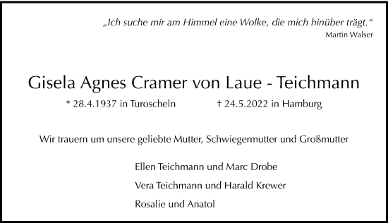 Traueranzeige von Gisela Agnes Cramer von Laue-Teichmann von Hamburger Abendblatt