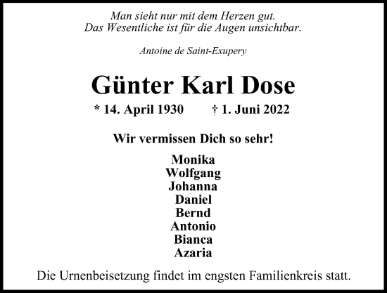 Traueranzeige von Günter Karl Dose von Hamburger Abendblatt