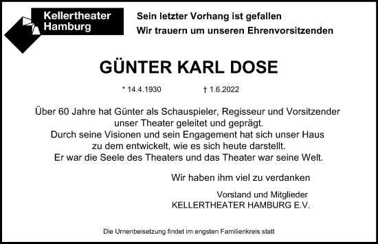 Traueranzeige von Günter Karl Dose von Hamburger Abendblatt