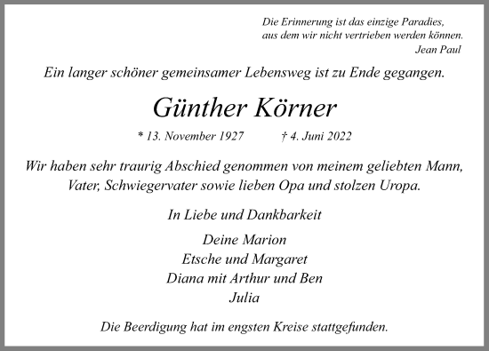 Traueranzeige von Günther Körner von Hamburger Abendblatt