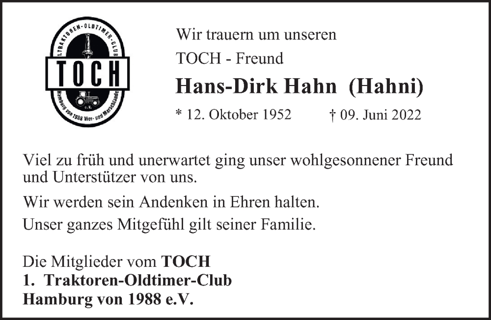  Traueranzeige für Hans-Dirk Hahn vom 23.06.2022 aus Bergedorfer Zeitung