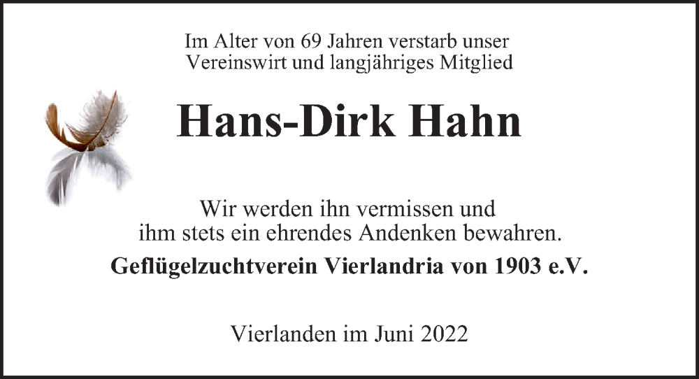  Traueranzeige für Hans-Dirk Hahn vom 20.06.2022 aus Bergedorfer Zeitung