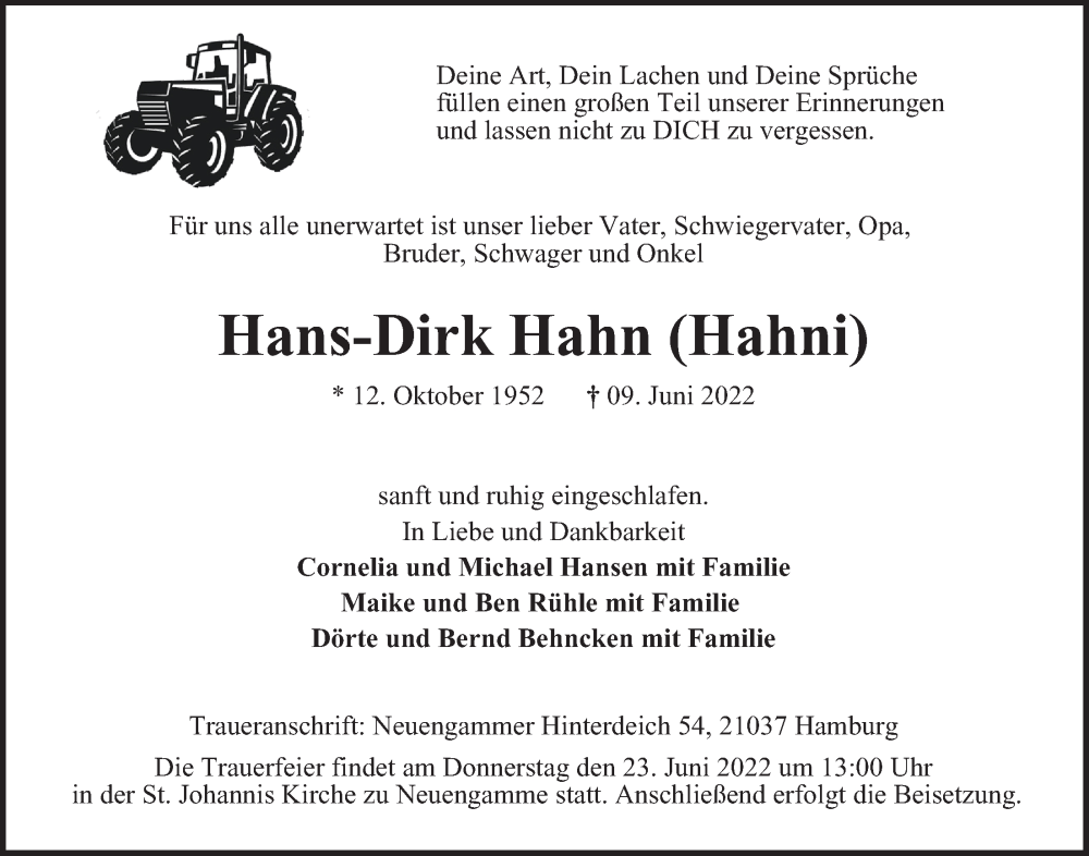  Traueranzeige für Hans-Dirk Hahn vom 18.06.2022 aus Bille Wochenblatt, Bergedorfer Zeitung