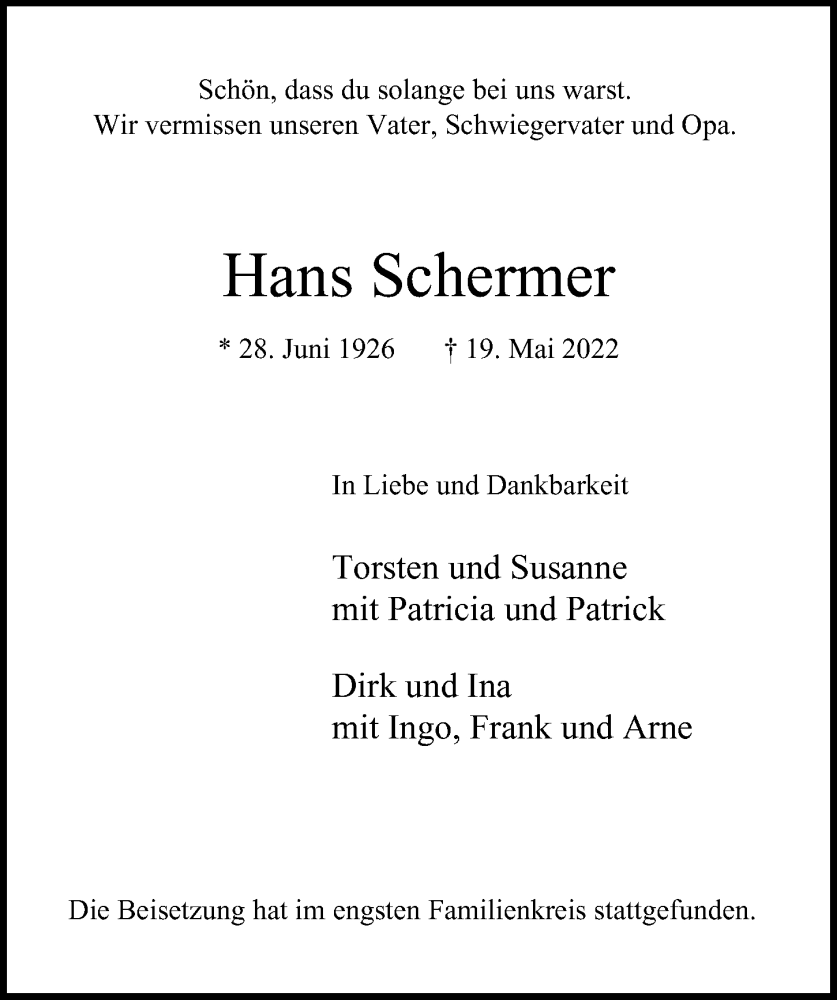  Traueranzeige für Hans Schermer vom 11.06.2022 aus Hamburger Abendblatt