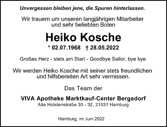 Traueranzeige von Heiko Kosche von Bergedorfer Zeitung