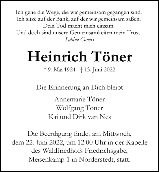 Traueranzeige von Heinrich Töner von Hamburger Abendblatt