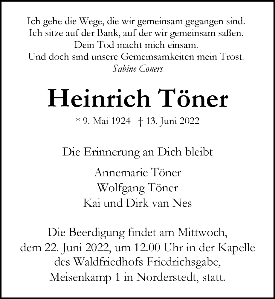  Traueranzeige für Heinrich Töner vom 18.06.2022 aus Hamburger Abendblatt