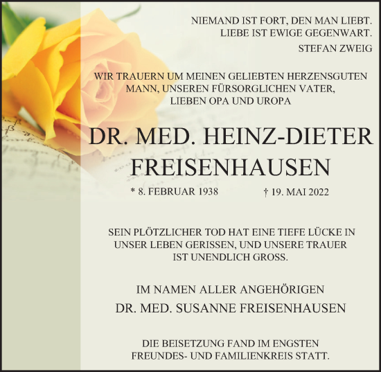 Traueranzeige von Heinz-Dieter Freisenhausen von Hamburger Abendblatt