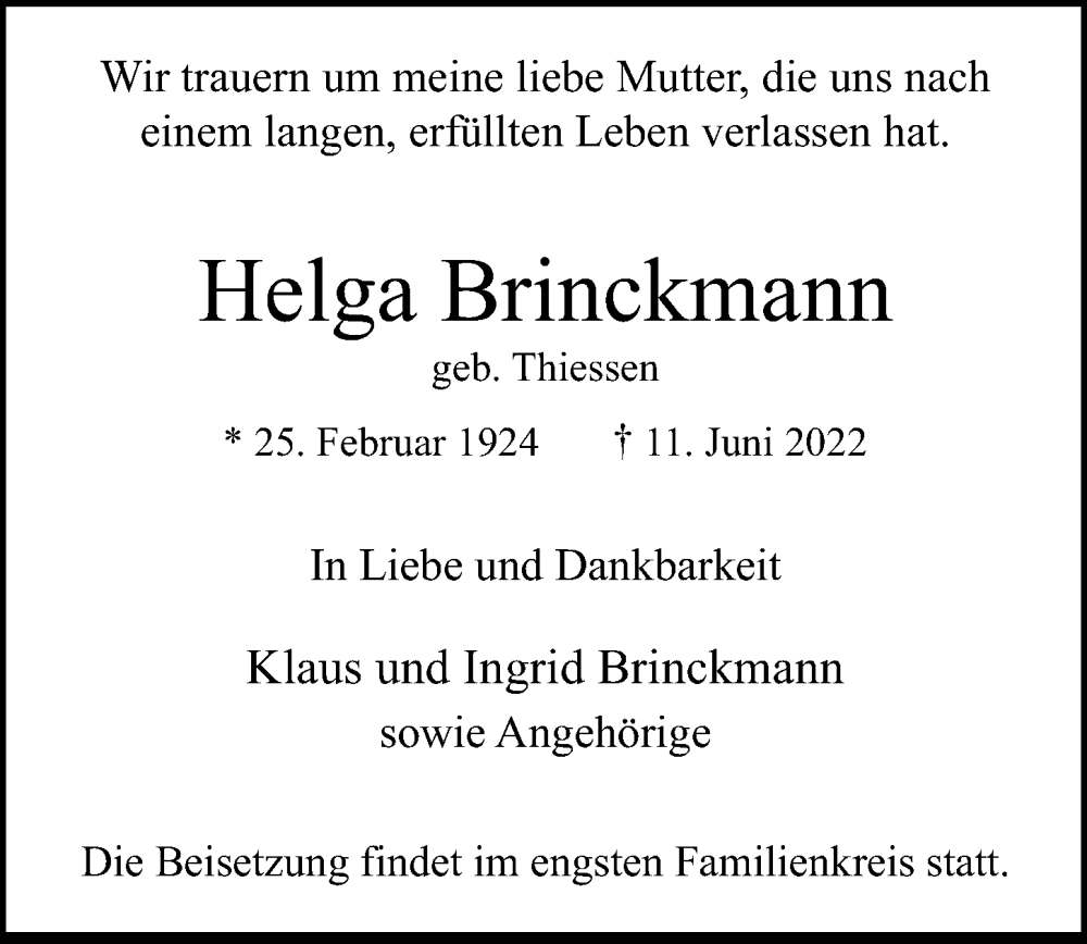  Traueranzeige für Helga Brinckmann vom 18.06.2022 aus Hamburger Abendblatt