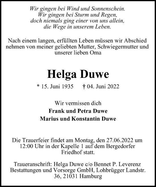 Traueranzeige von Helga Duwe von Bergedorfer Zeitung