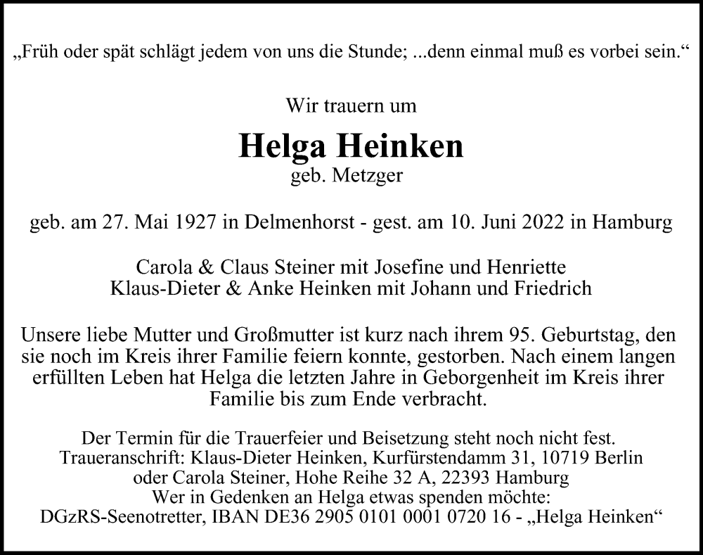  Traueranzeige für Helga Heinken vom 18.06.2022 aus Hamburger Abendblatt