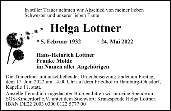 Traueranzeige von Helga Lottner von Hamburger Abendblatt