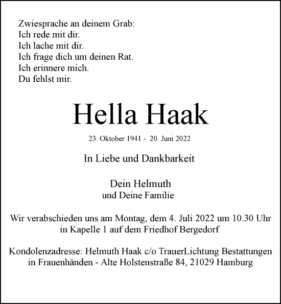 Traueranzeige von Hella Haak von Bergedorfer Zeitung