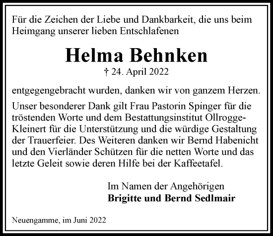 Traueranzeige von Helma Behnken von Bergedorfer Zeitung
