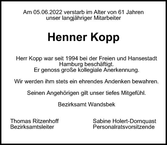 Traueranzeige von Henner Kopp von Hamburger Abendblatt
