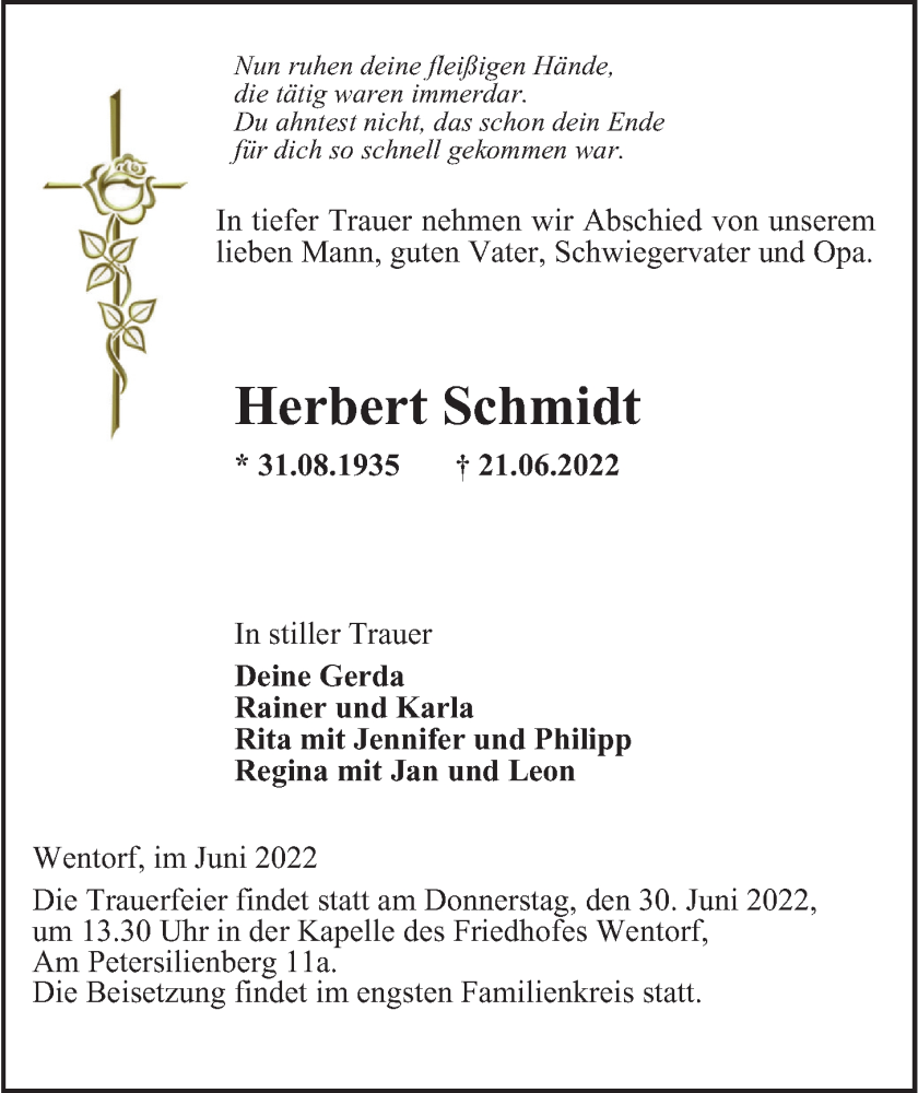  Traueranzeige für Herbert Schmidt vom 25.06.2022 aus Bergedorfer Zeitung