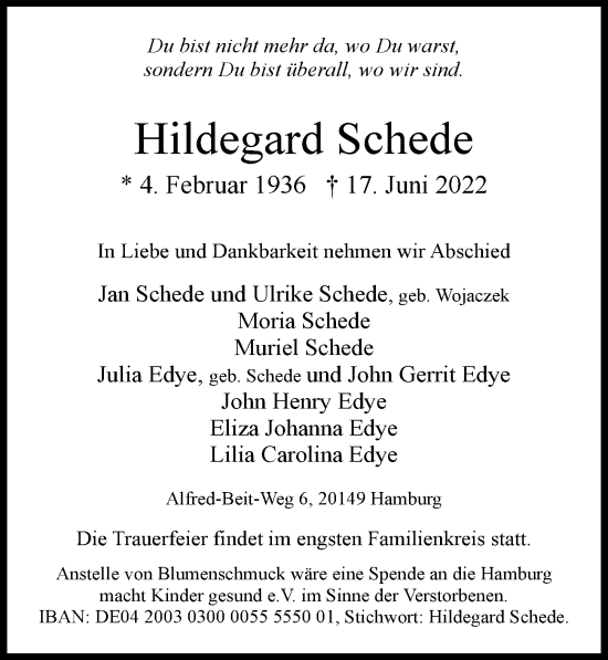 Traueranzeige von Hildegard Schede von Hamburger Abendblatt